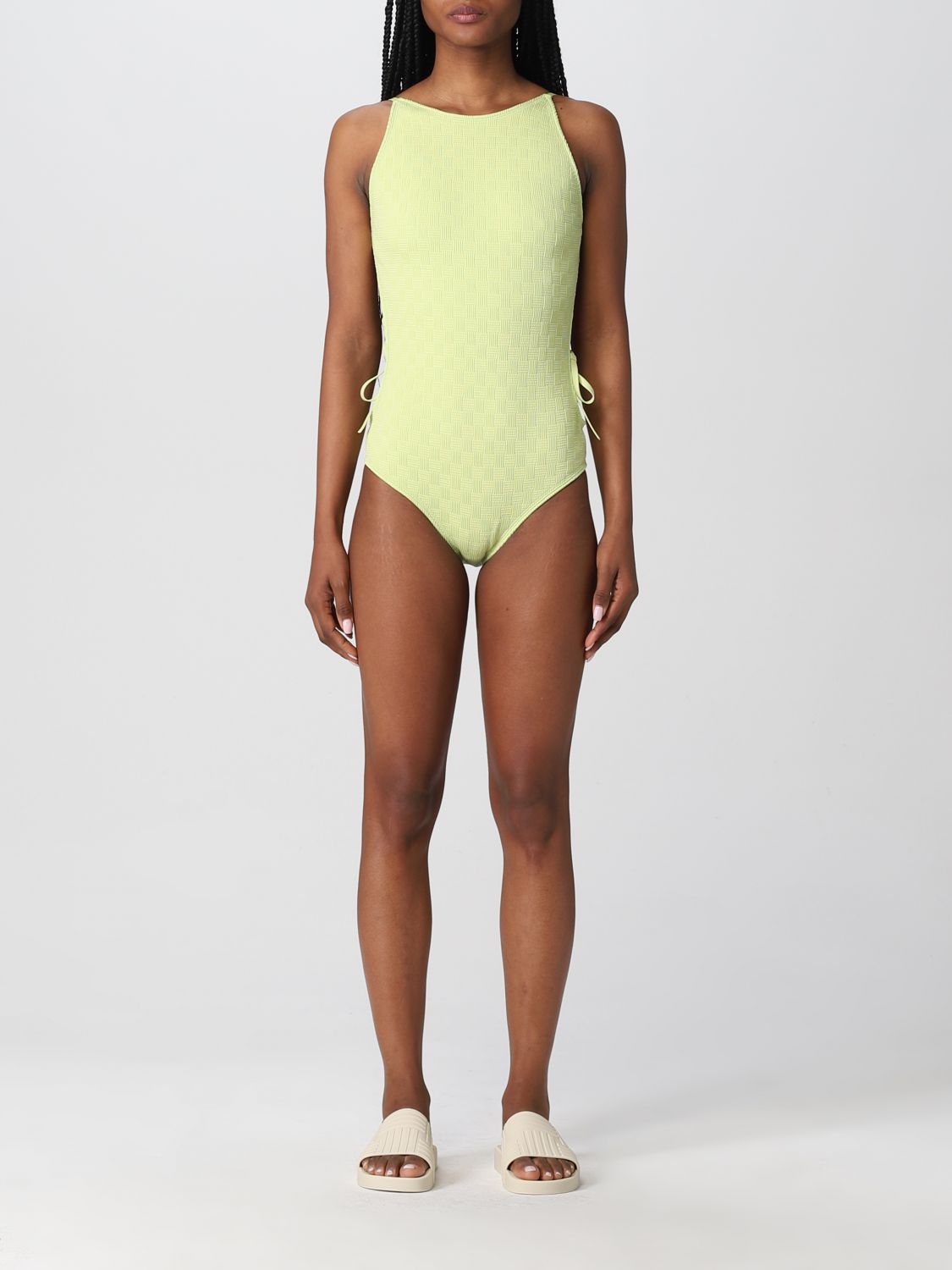 BOTTEGA VENETA: intrecciato nylon one-piece swimsuit - Green