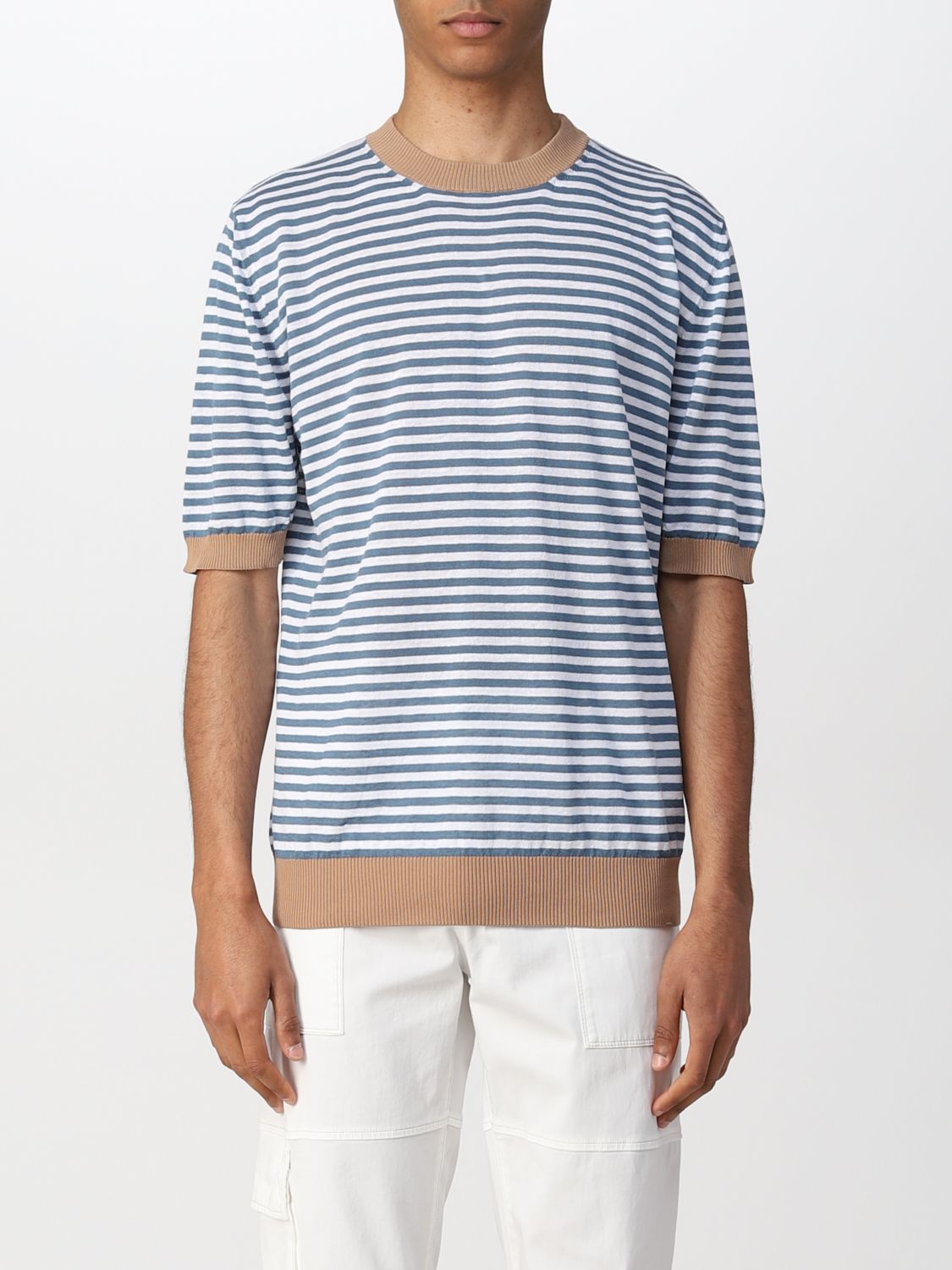 ELEVENTY: t-shirt in striped linen and cotton - White | Eleventy t ...