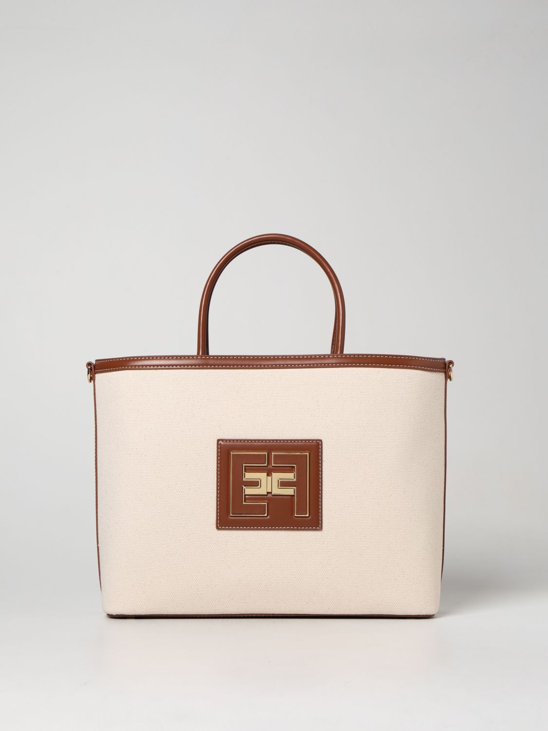 ELISABETTA FRANCHI: bag in canvas and synthetic leather - Beige ...