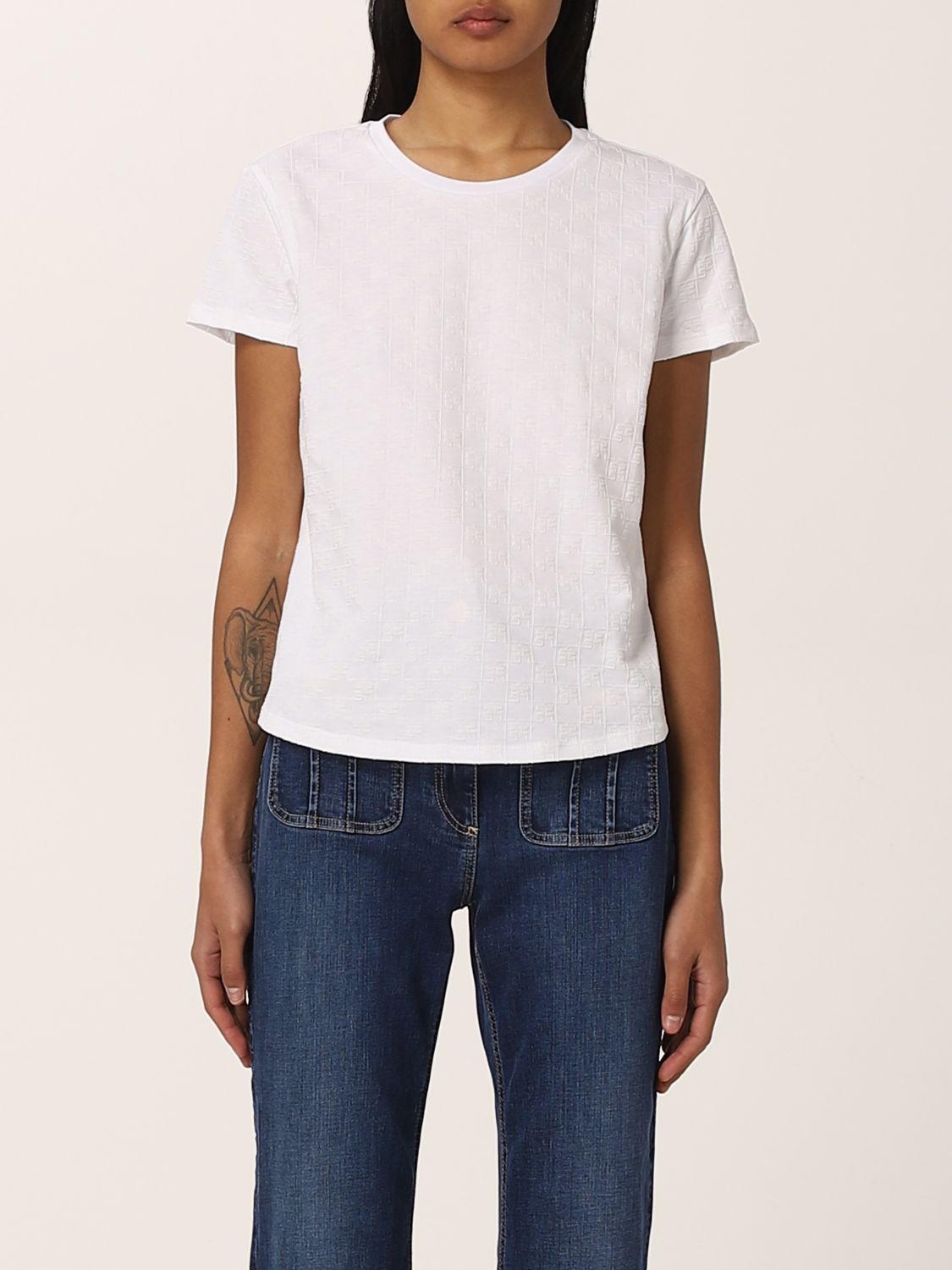 ELISABETTA FRANCHI: T-shirt with all-over monogram print - White ...