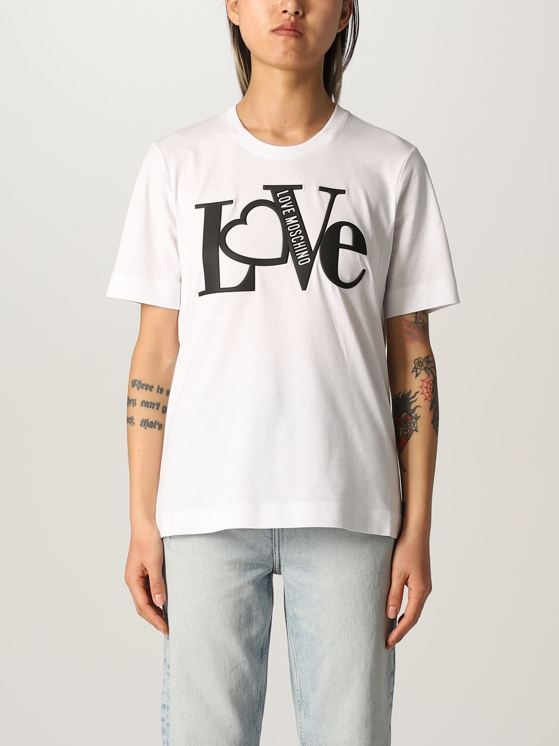 LOVE MOSCHINO: cotton t-shirt with logo - White | Love Moschino t-shirt ...