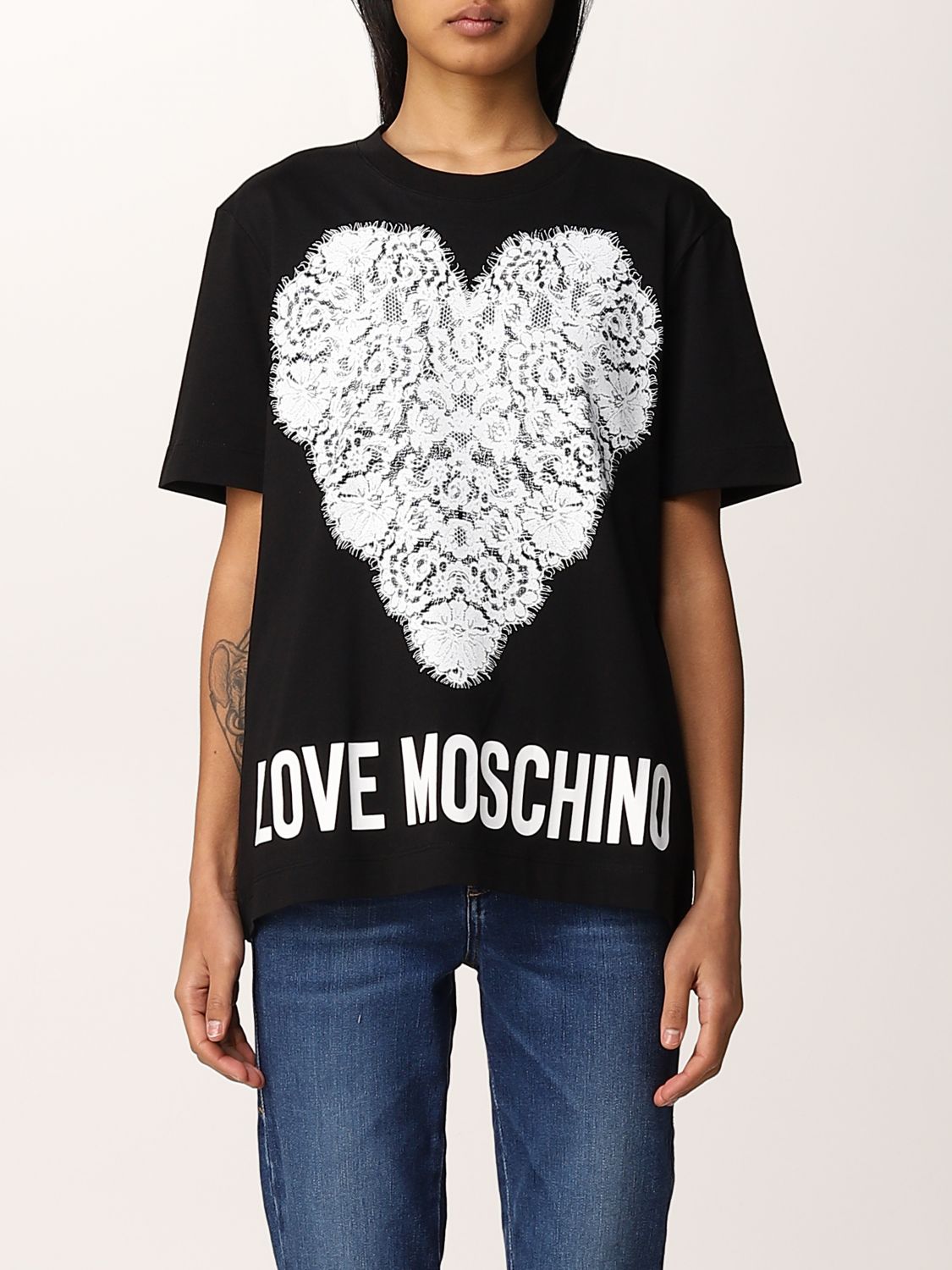 LOVE MOSCHINO: T-shirt with maxi heart in lace - Black | Love Moschino ...