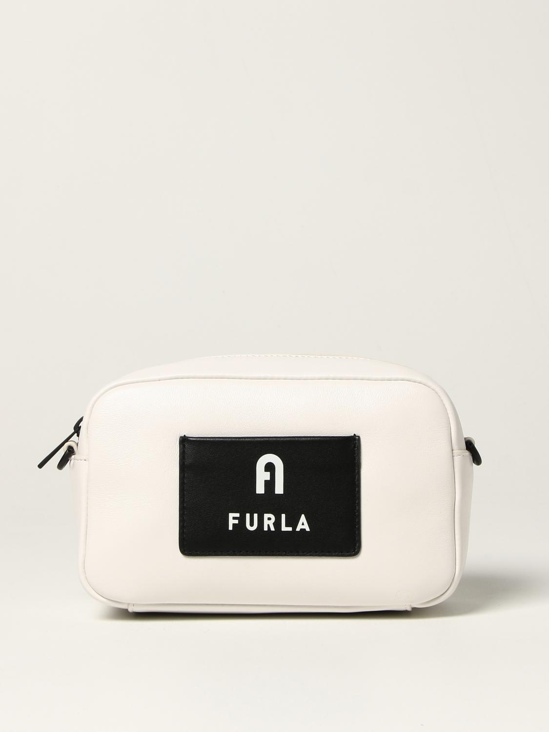 FURLA Iris mini camera bag in leather with logo Yellow Cream Furla