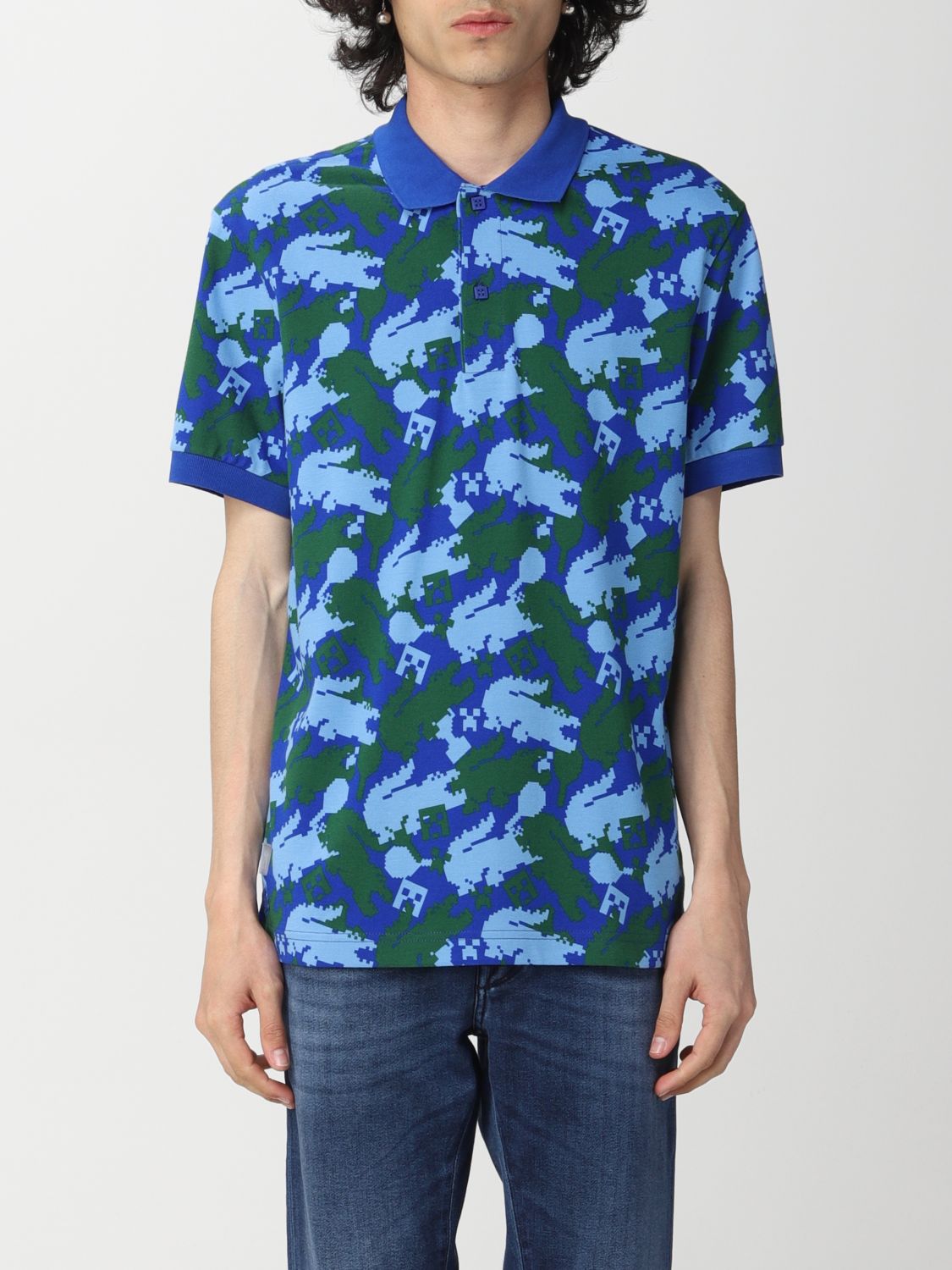 Lacoste x Minecraft Unisex Blue All Over Graphic Print Short Sleeve Polo  Shirt
