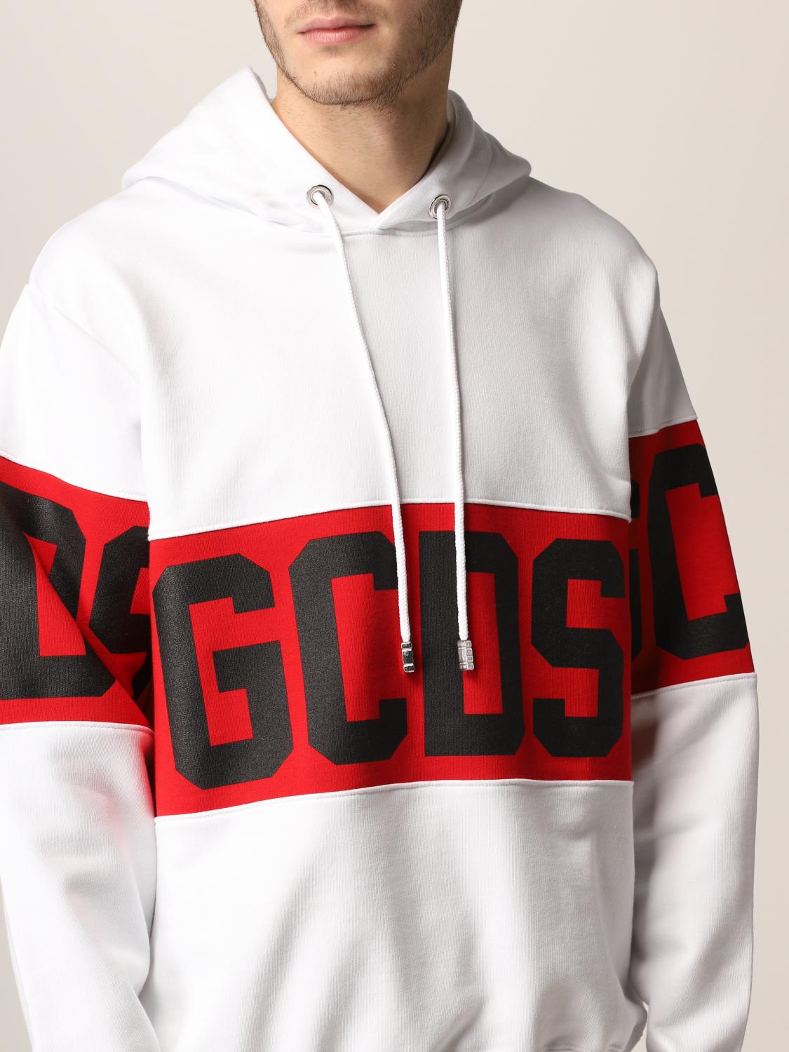 GCDS: Felpa in cotone con banda e logo - Bianco | Felpa Gcds CC94M021013  GIGLIO.COM