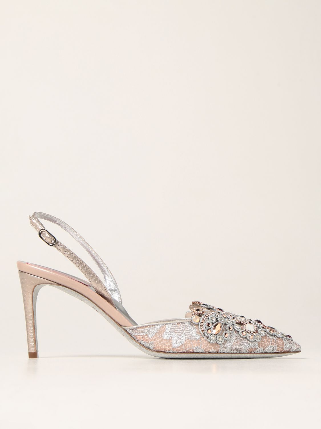 René Caovilla Venetian Slingback In Lace With Crystals In Silver | ModeSens