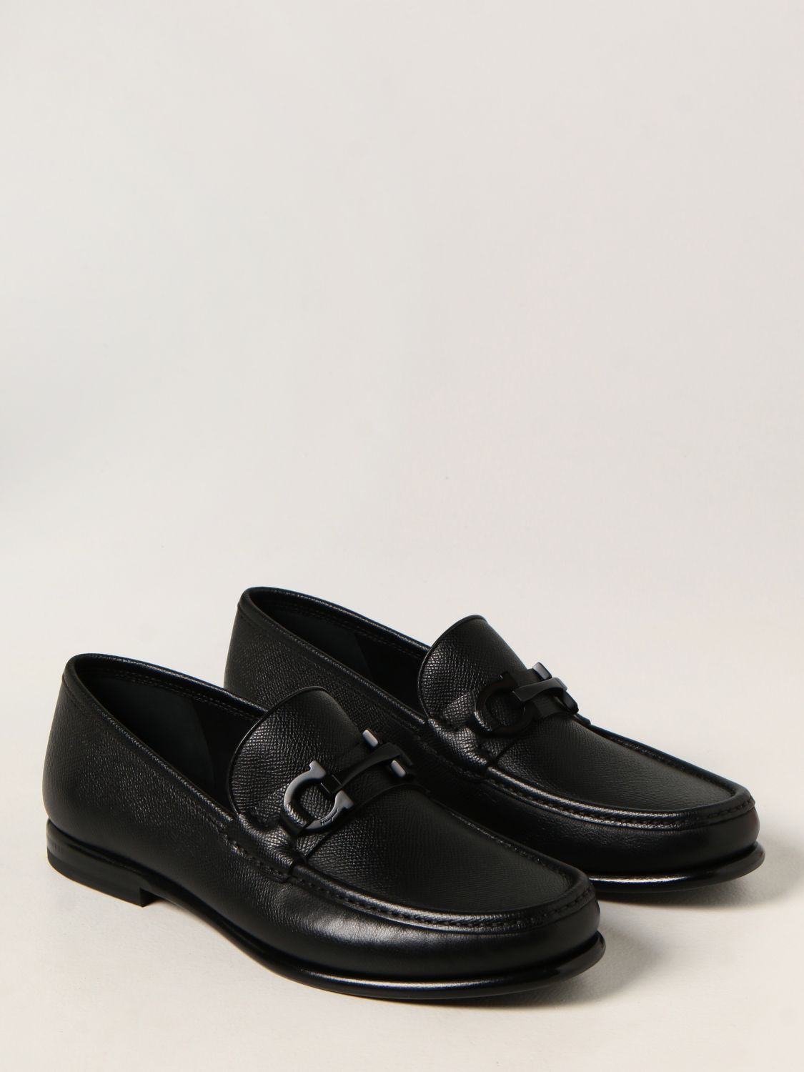 SALVATORE FERRAGAMO: Crown grained leather loafers - Black | Loafers ...