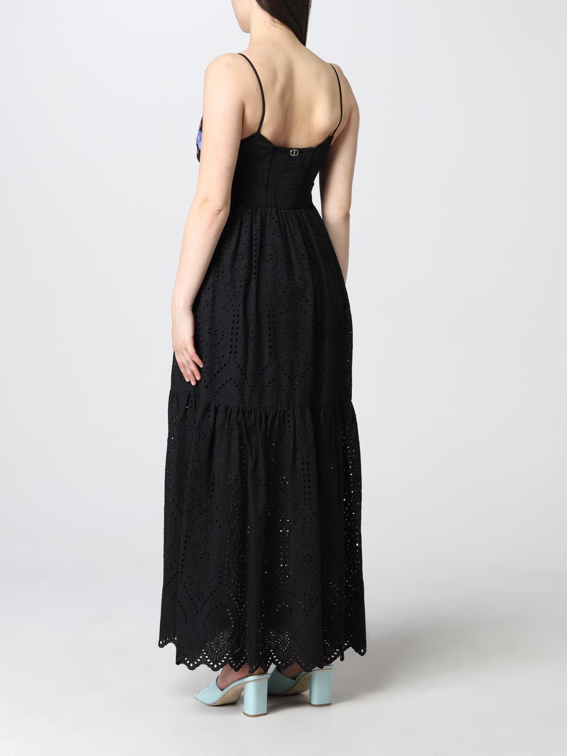 TWINSET: Abito lungo in Sangallo con ricami floreali - Nero | Abito Twinset  221TT2250 GIGLIO.COM