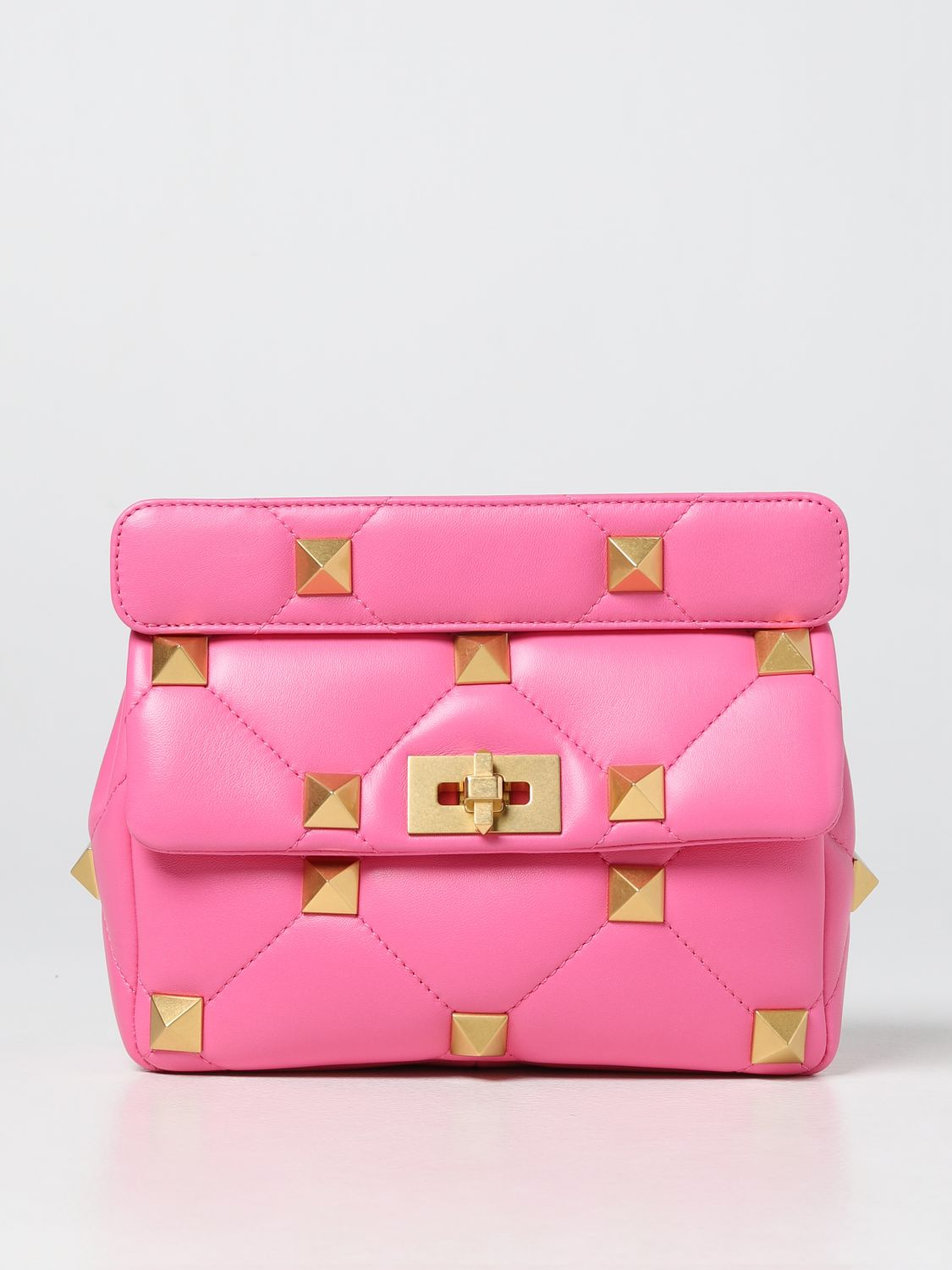 Roman Stud Small Leather Shoulder Bag in Pink - Valentino Garavani