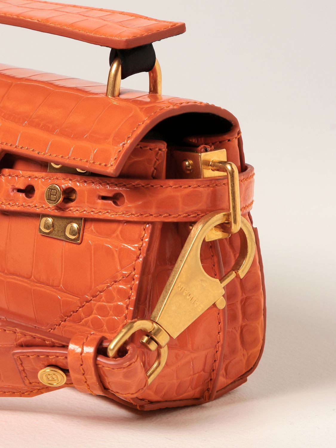 BALMAIN: B-Buzz 19 croco-print leather baguette bag - Orange
