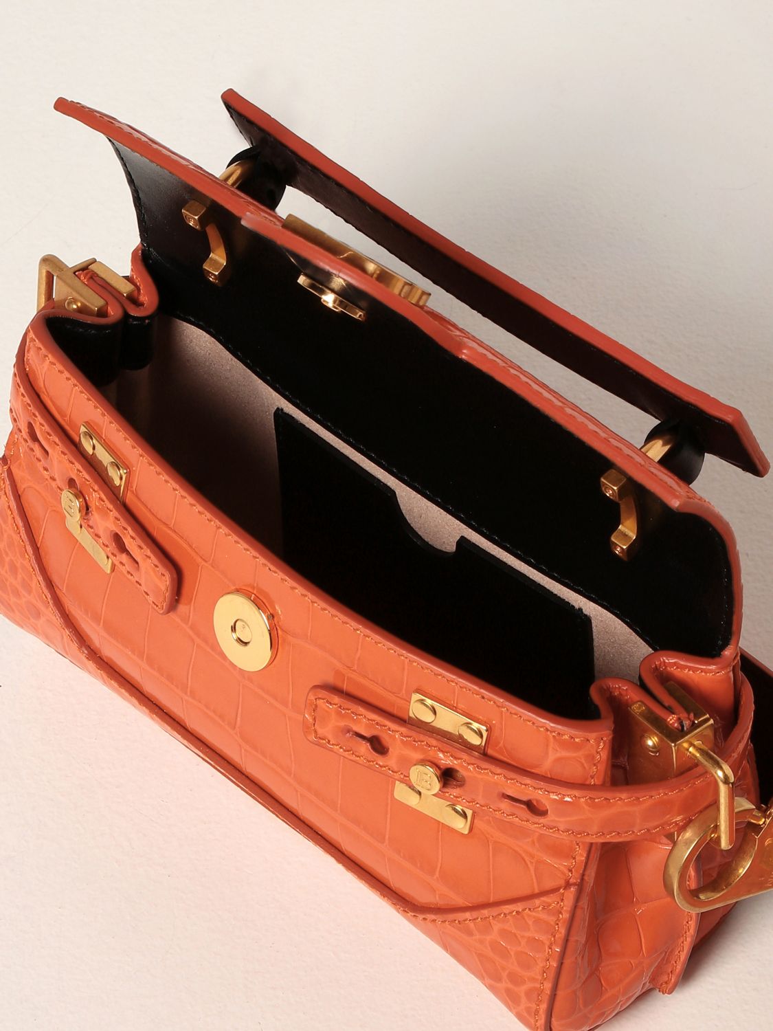 BALMAIN: B-Buzz 19 croco-print leather baguette bag - Orange