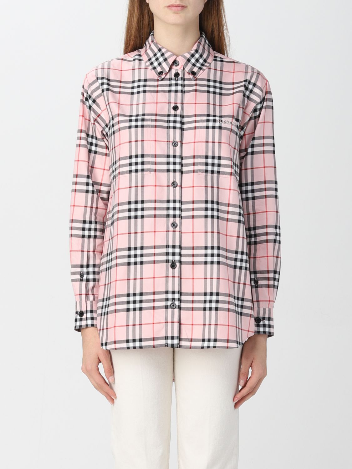 BURBERRY: oversize tartan pattern shirt - Pink | Burberry shirt 8054631 ...