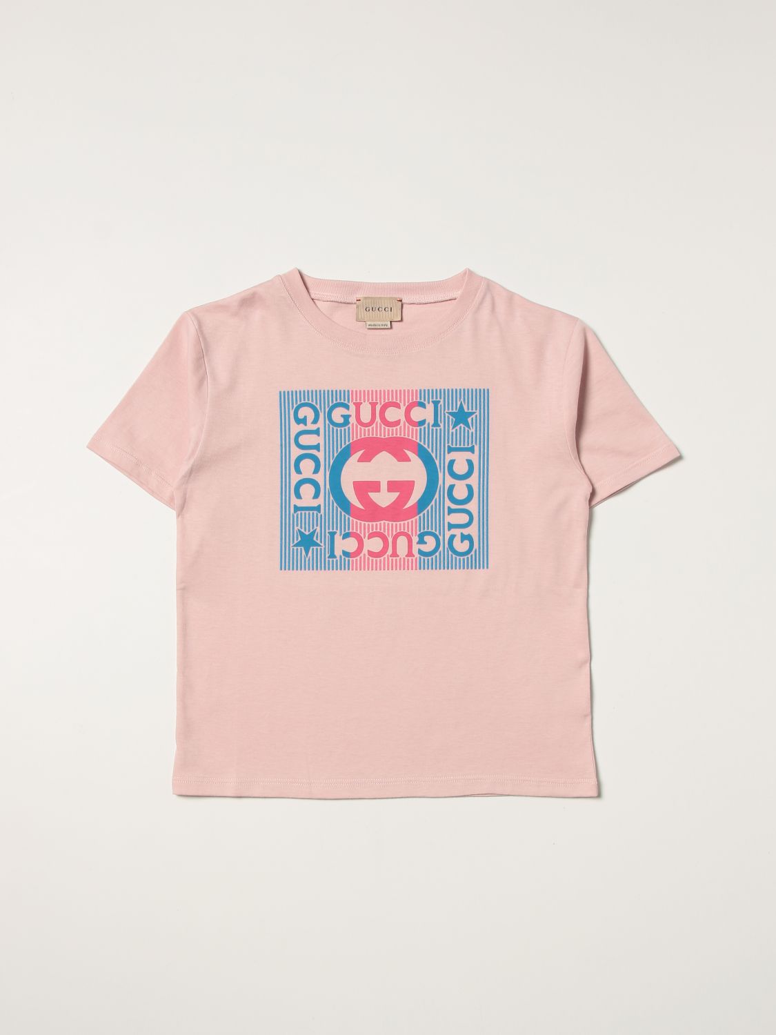 GUCCI: cotton t-shirt with logo and print - Pink | Gucci t-shirt ...