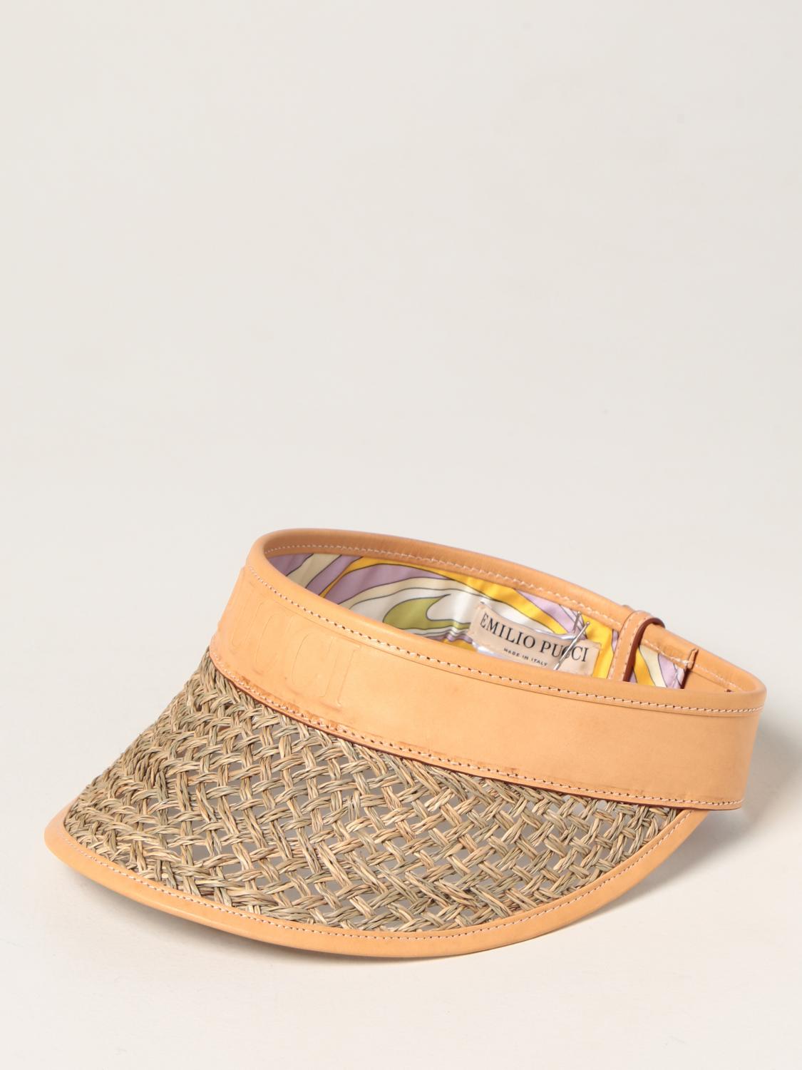 EMILIO PUCCI: visor in leather and straw - Natural | Emilio Pucci