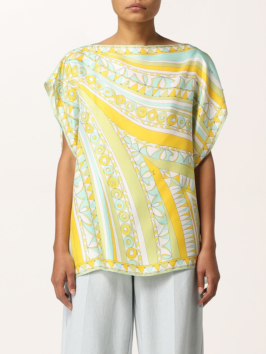 EMILIO PUCCI: kaftan top with small flags print - Water | Emilio Pucci ...