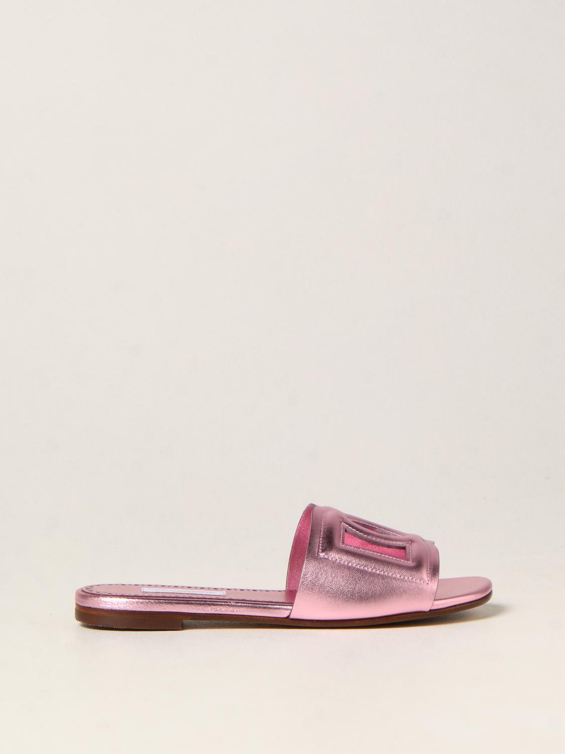 DOLCE & GABBANA: slide sandals in laminated leather - Pink | Dolce & Gabbana  shoes D11032A5439 online on 