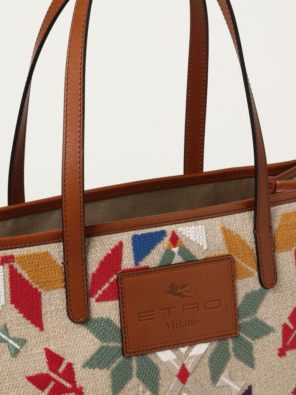 Etro women's shopper bag in canvas with logo Ecru'-Bordeaux