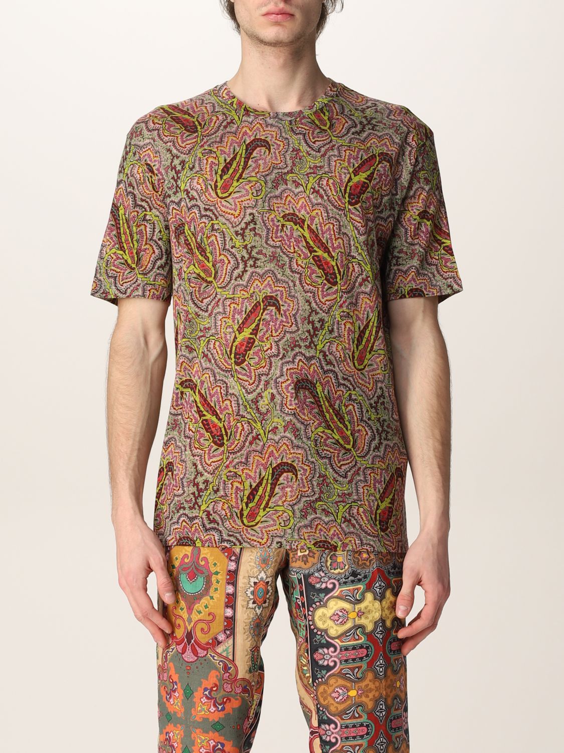 ETRO: cotton t-shirt with paisley print - Pink | Etro t-shirt 1Y0209132 ...