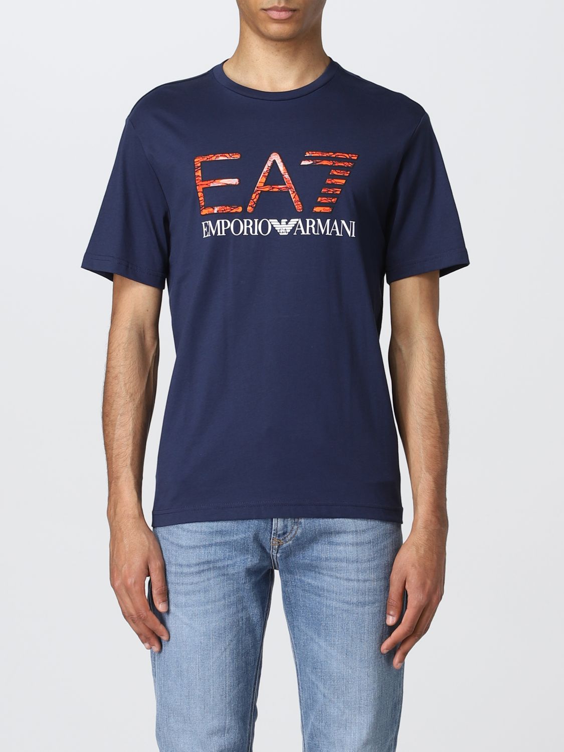 EA7: cotton T-shirt with logo - Blue | Ea7 t-shirt 3LPT54PJ02Z online ...
