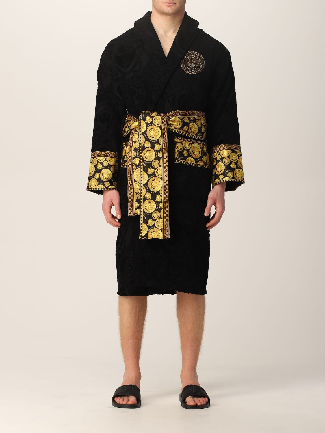 VERSACE HOME: bathrobe with baroque pattern - Black | Versace Home ...