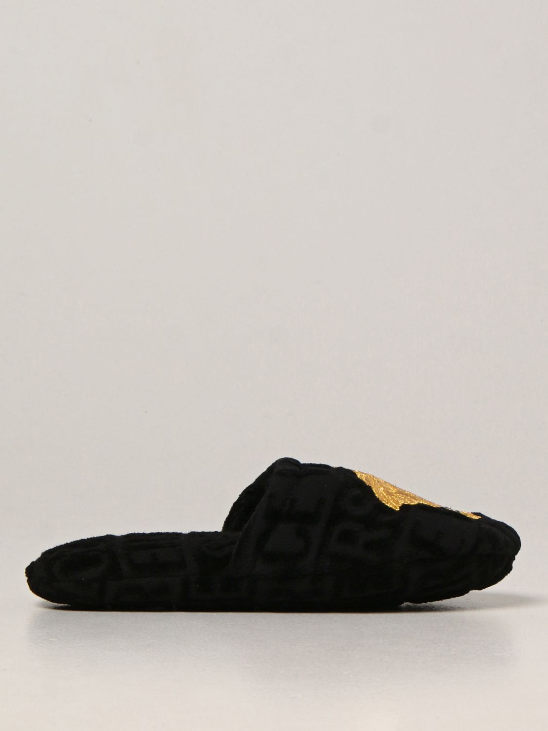Womens Shoes Flats and flat shoes Slippers Versace Cotton Slippers With Embroidered Medusa in Black 