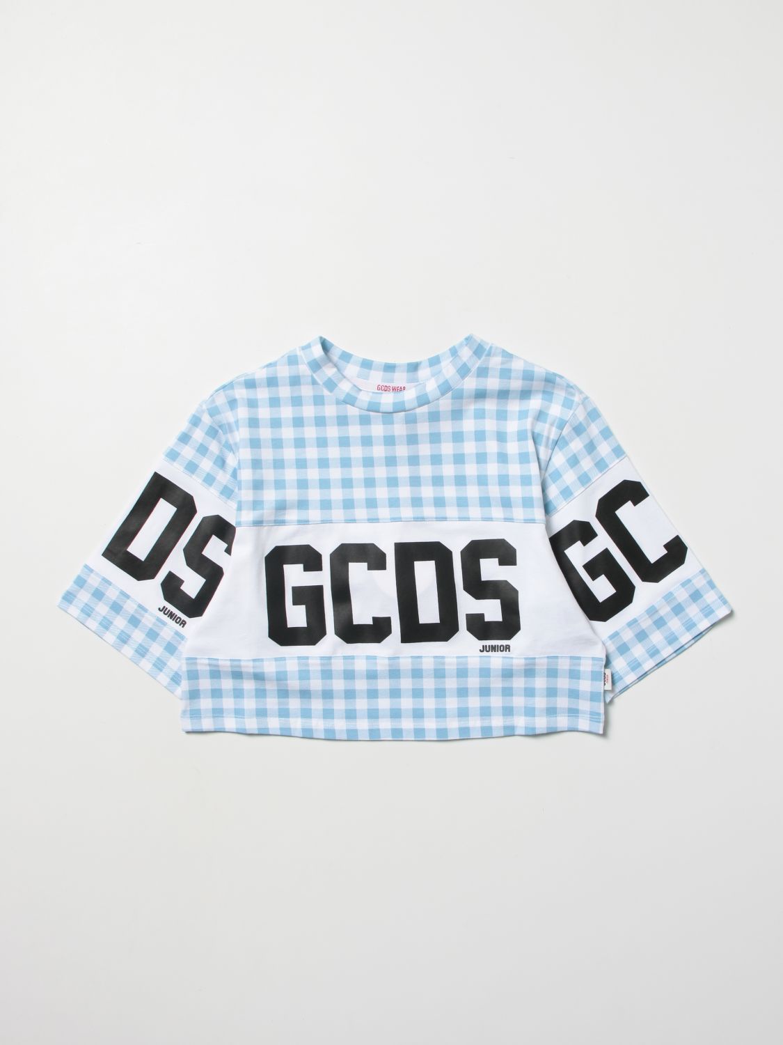 Gcds Kids' Cropped T-shirt With Logo In Gnawed Blue