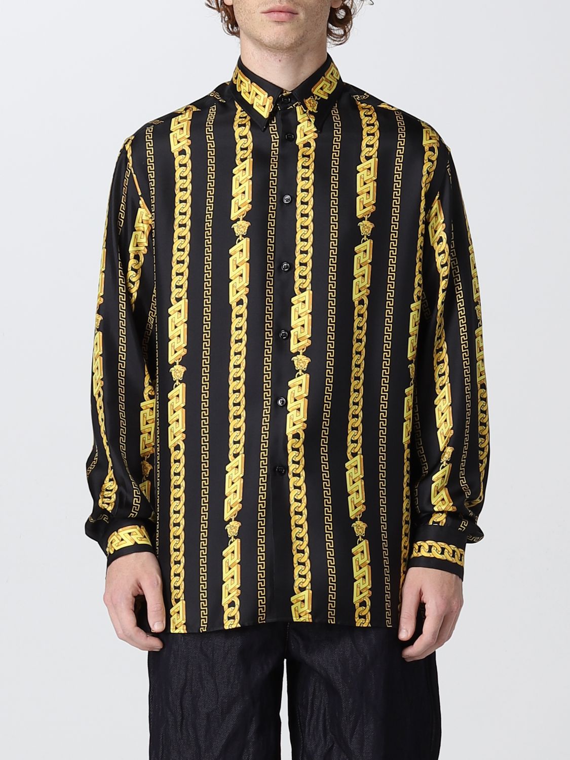 Mainstream globaal Ook VERSACE: chain pinstripe silk shirt - Black | Versace shirt 10039411A02814  online on GIGLIO.COM