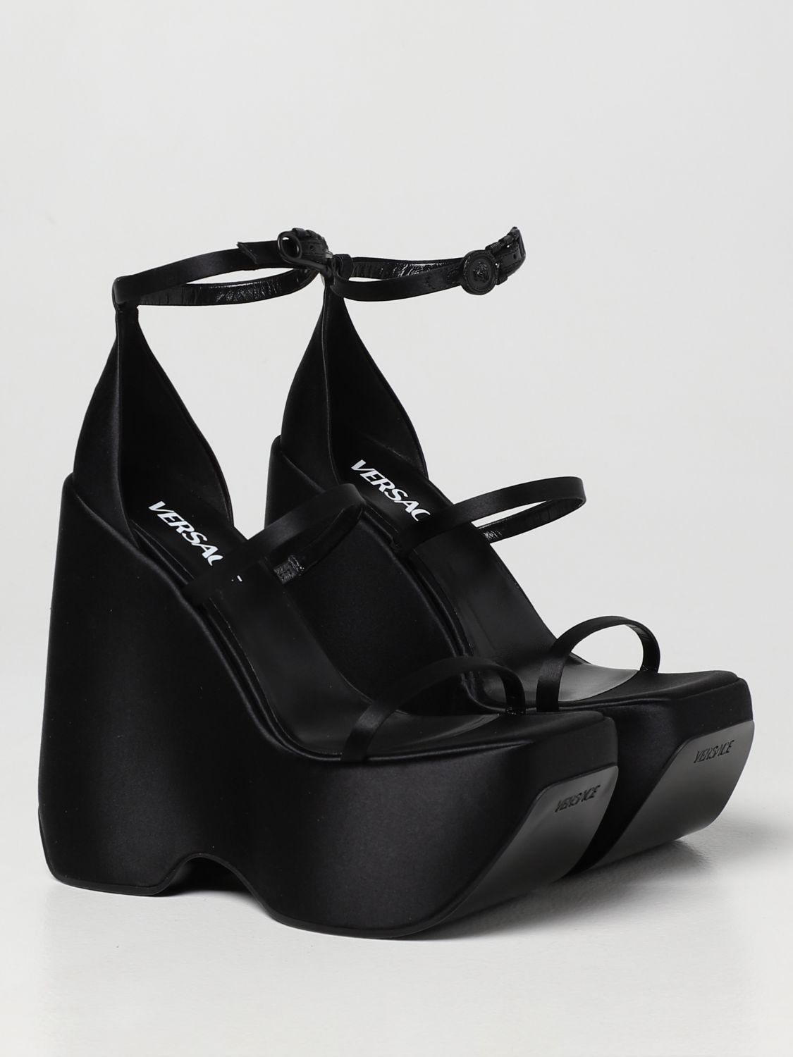 Wedge shoes Versace: Versace Triplaform satin sandals black 2