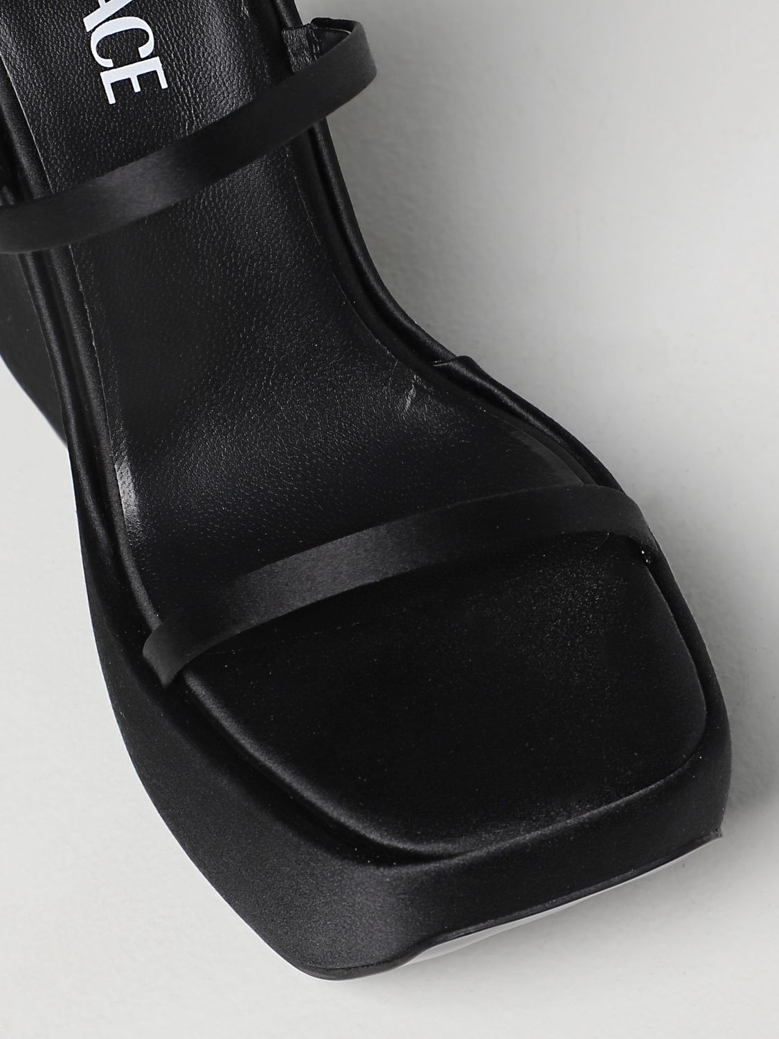 Wedge shoes Versace: Versace Triplaform satin sandals black 4