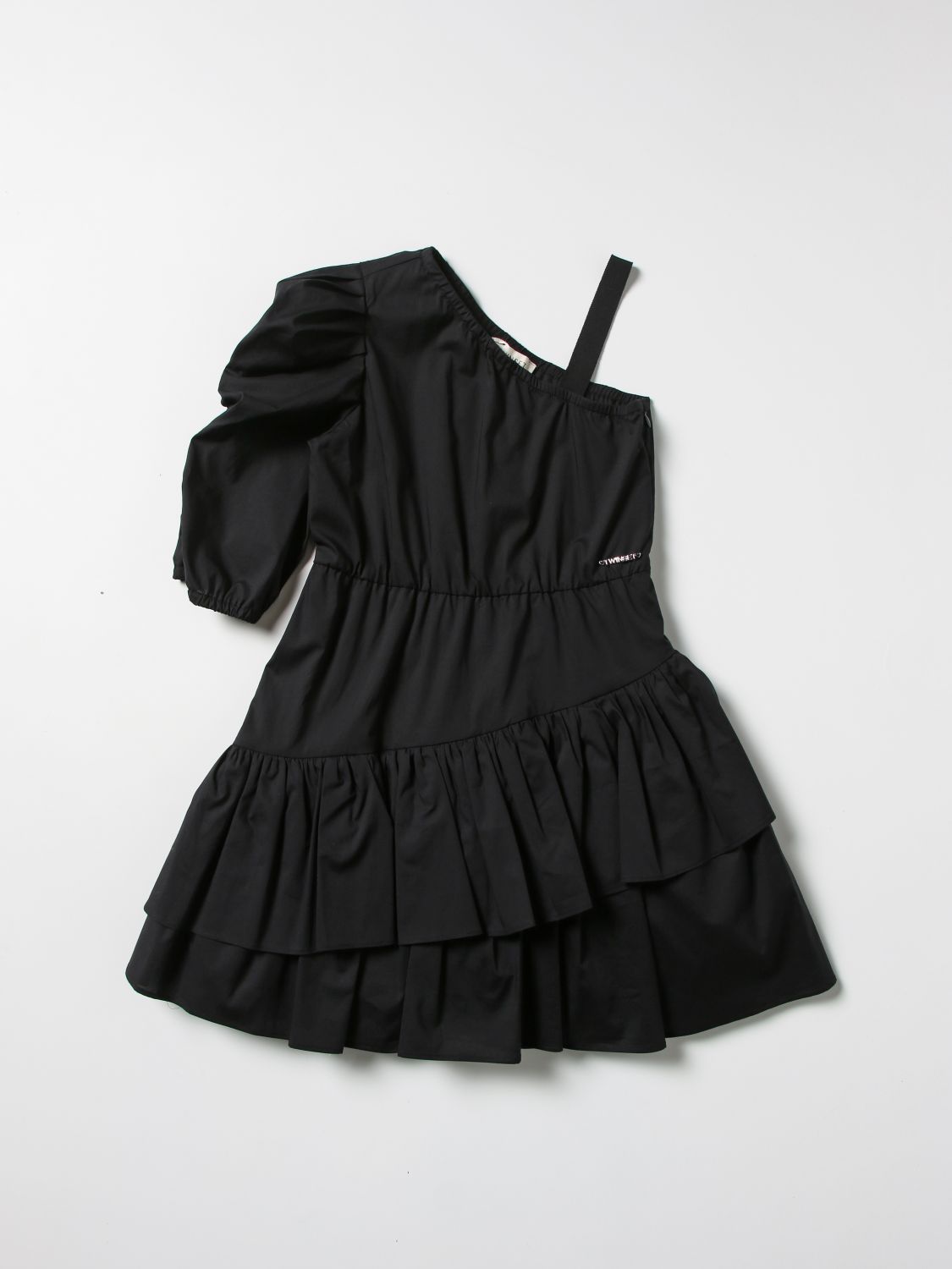 Twinset Kids' One-shoulder Dress In Poplin In Black