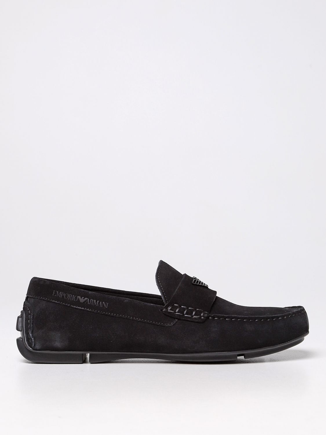 Emporio Armani Suede Driving Loafers With Logo In Black