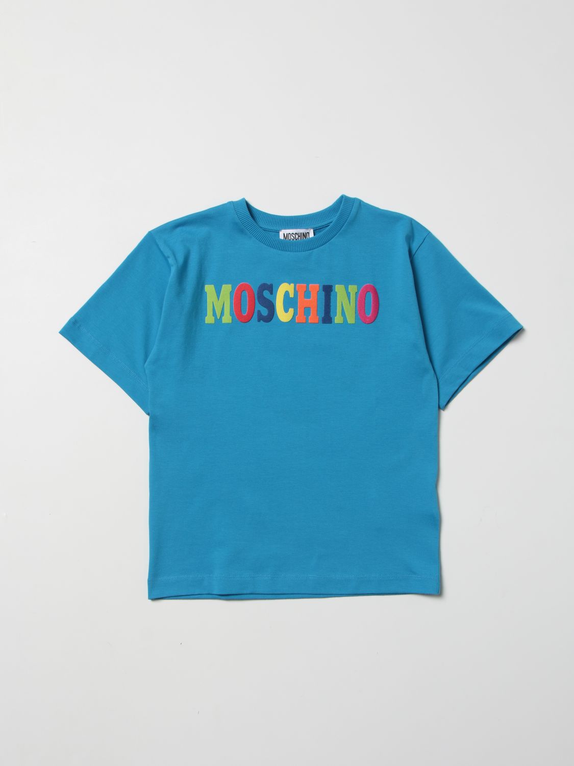 Moschino Kid Kids' T-shirt With Multicolor Logo Print In Gnawed Blue