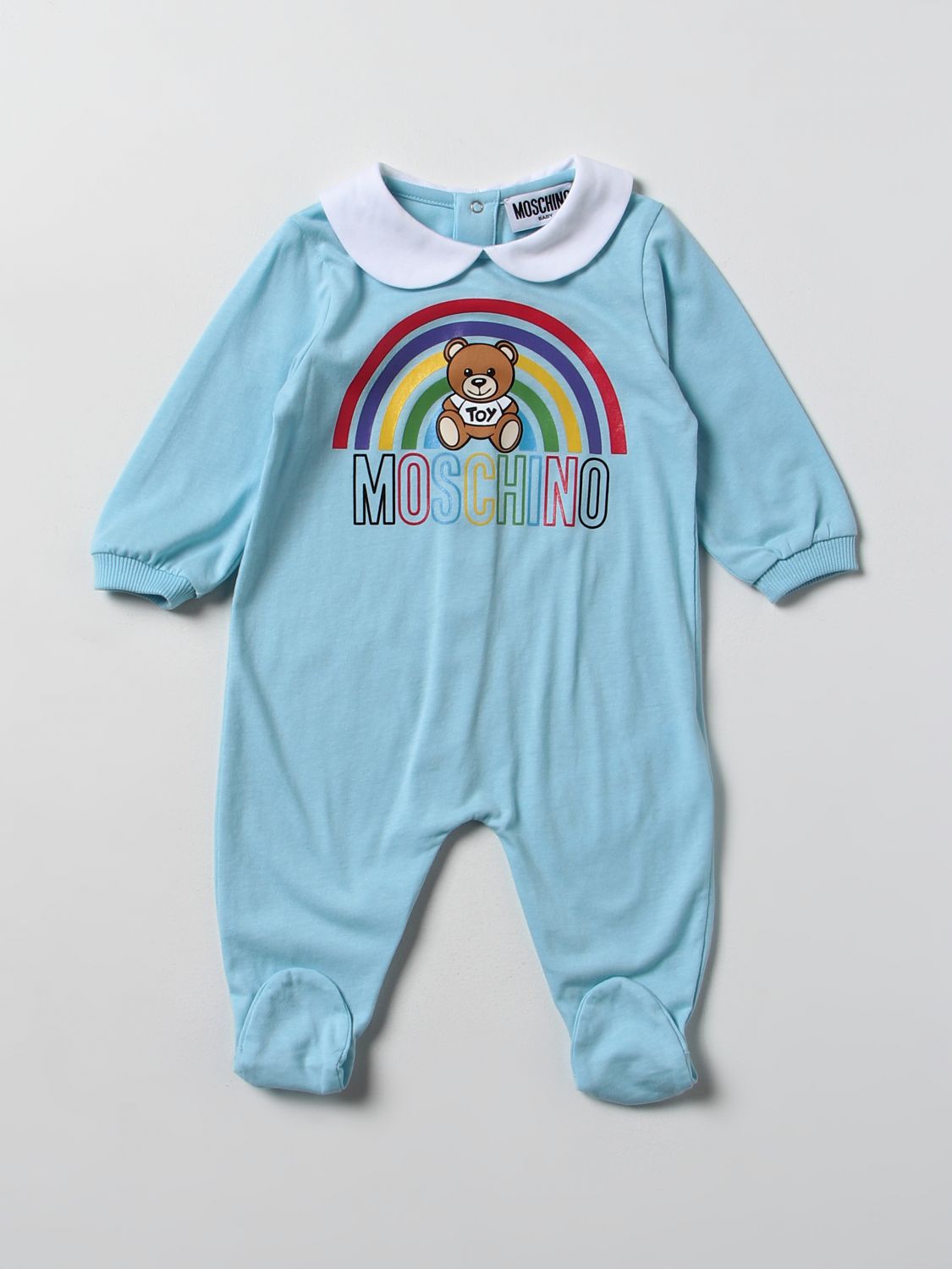 Moschino Baby Babies' Cotton Romper With Teddy Bear Print In Sky Blue
