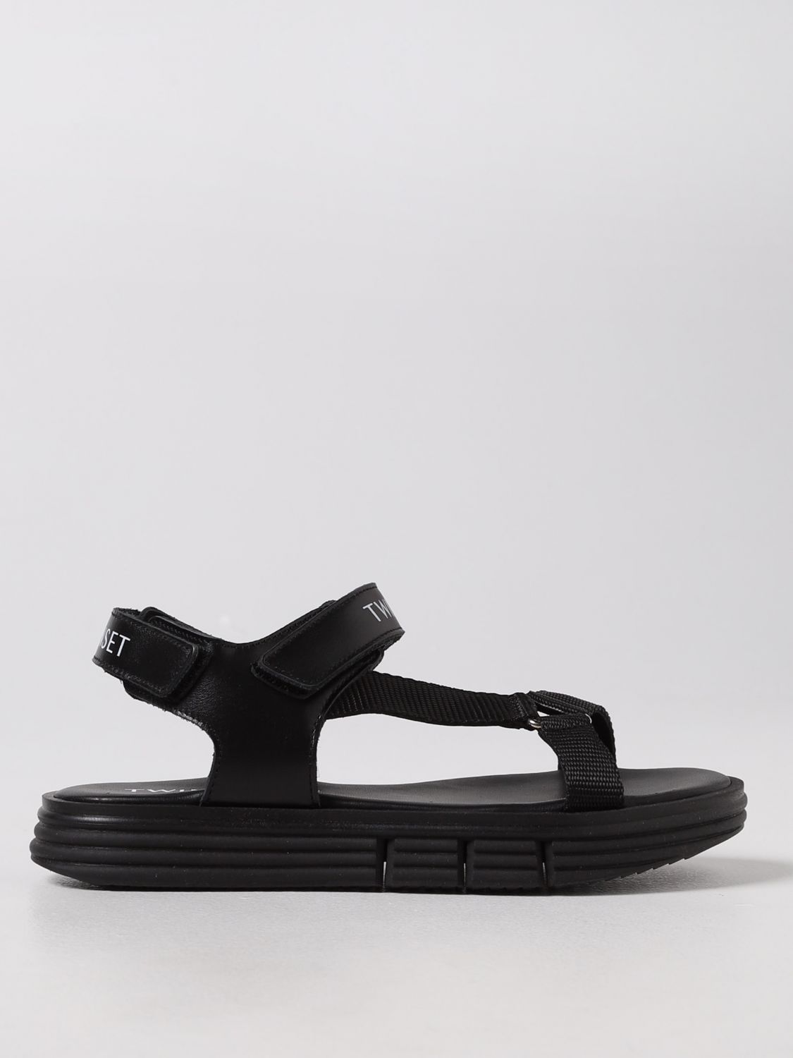 Twinset Kids' Sandals In Canvas And Smooth Leather In Black