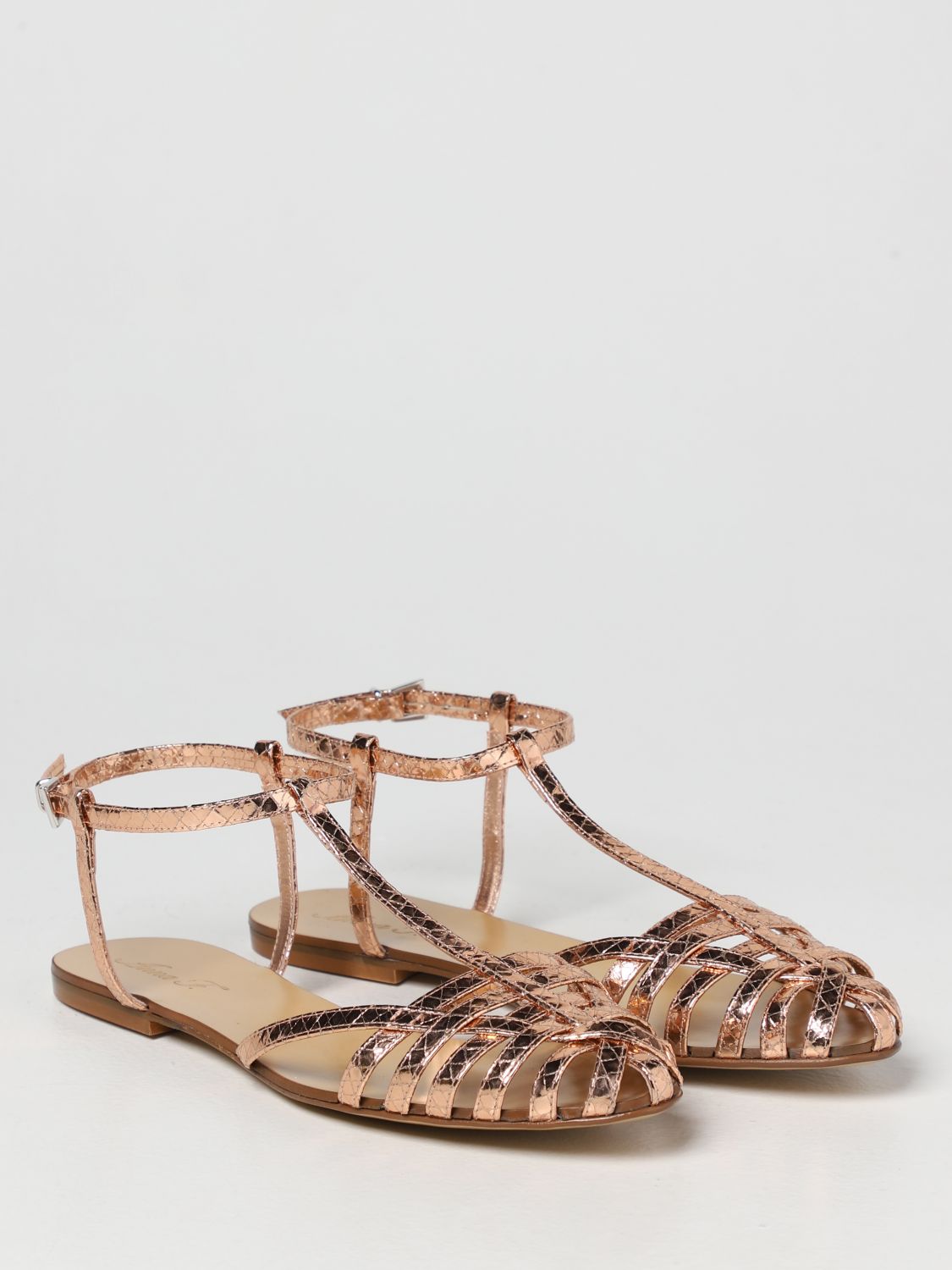 ANNA F.: flat sandals in laminated leather with snake print - Champagne ...