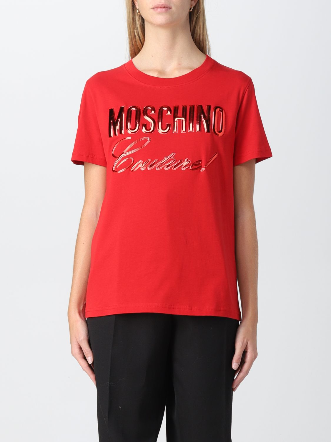 Moschino Couture Outlet: t-shirt with golden logo lettering - Red ...