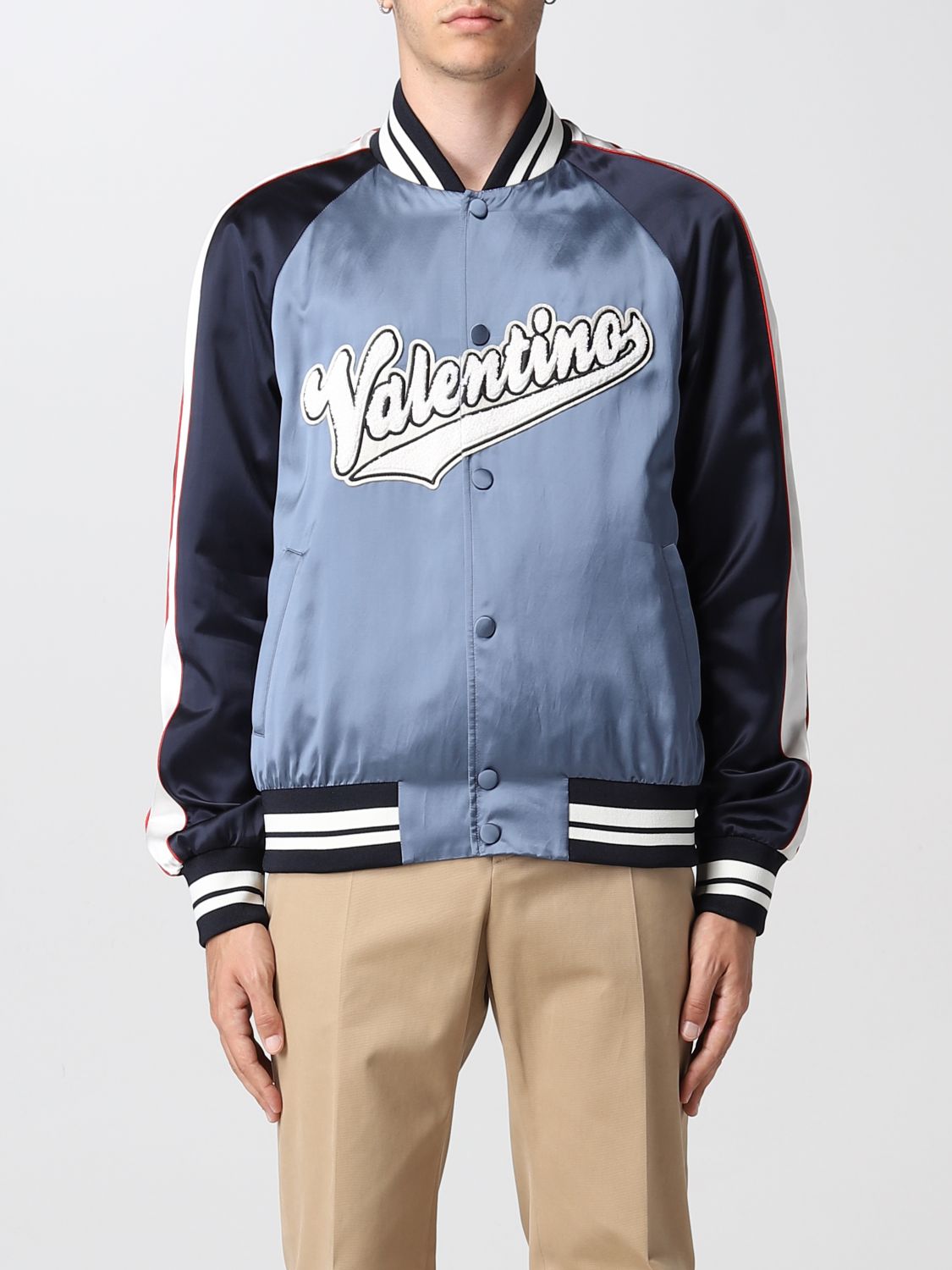 Valentino Outlet: satin bomber jacket with logo - Blue | Valentino ...