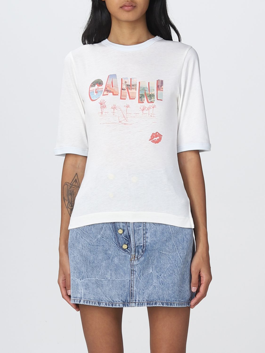 GANNI: t-shirt with logo print - White | Ganni t-shirt T3223 online at ...
