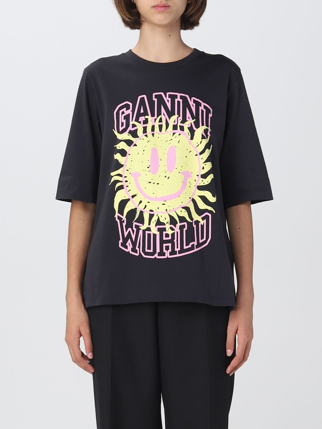 GANNI: t-shirt with sun print - Black | Ganni t-shirt T3295 online at ...