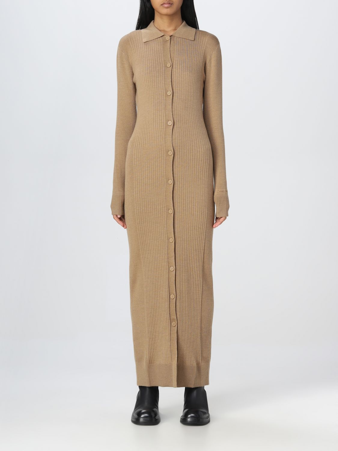 CALVIN KLEIN: midi dress in stretch ribbed wool - Leather | Calvin Klein  dress K20K204940 online on 