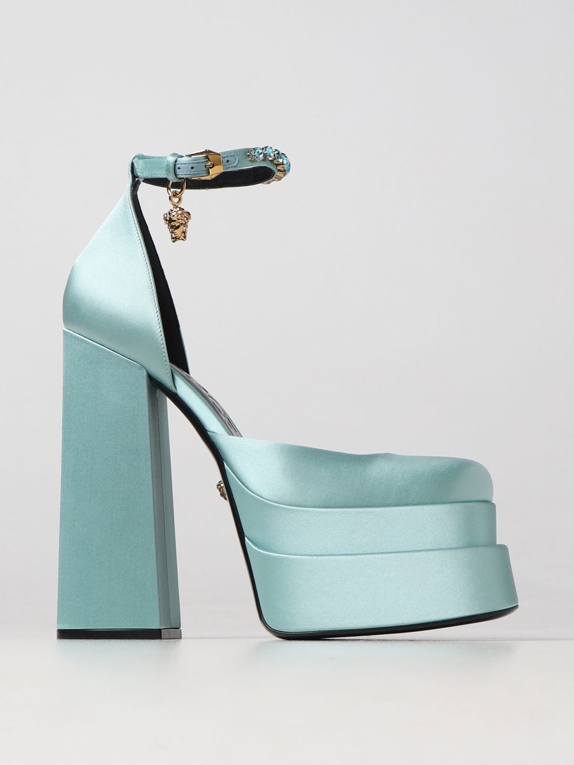 VERSACE: Medusa Aevitas platform pumps with charm Blue Versace high heel  shoes 1002005DRA67 online on