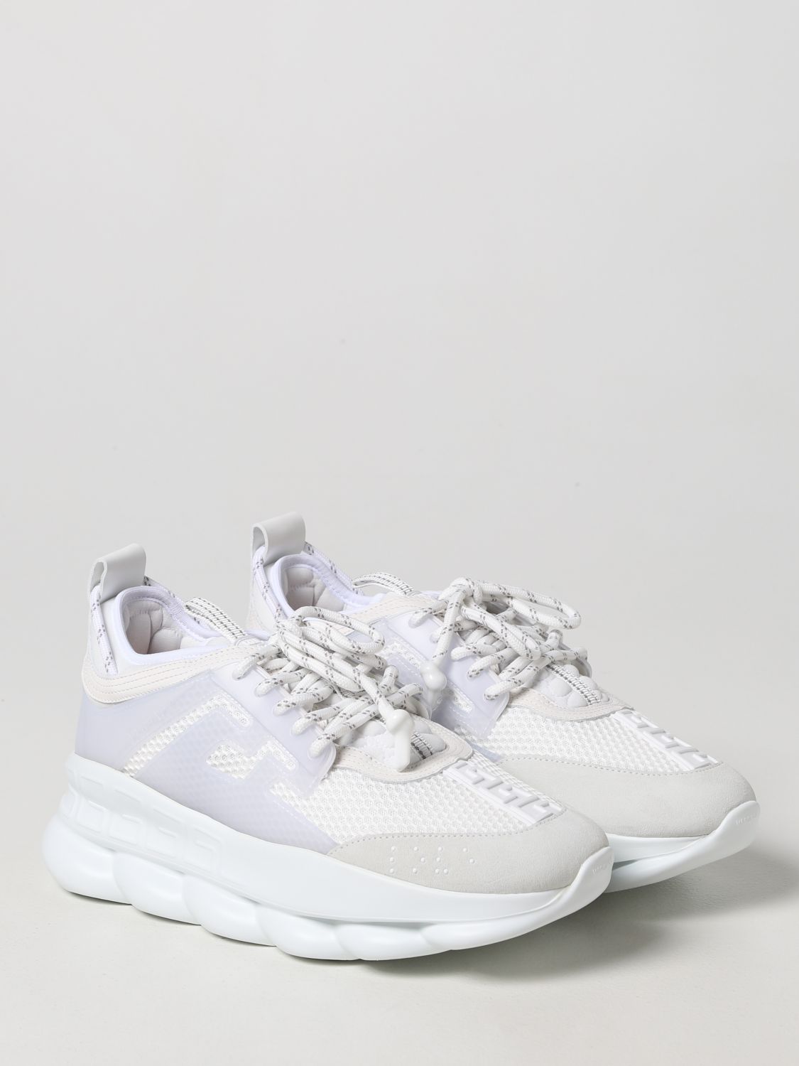 VERSACE: Chain Reaction fabric and leather sneakers - White 