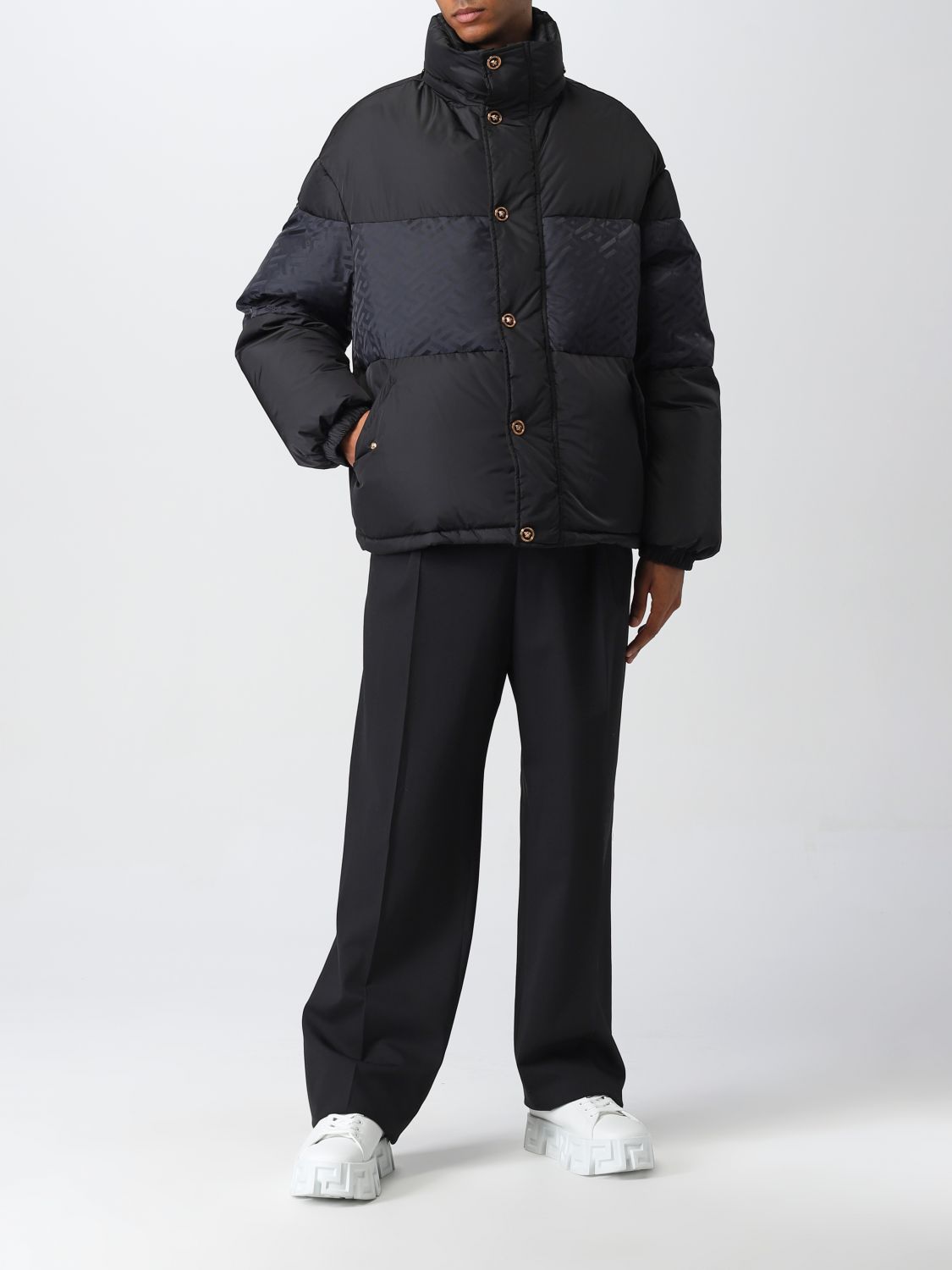 VERSACE: puffy down jacket with Greca band - Black | Versace jacket ...