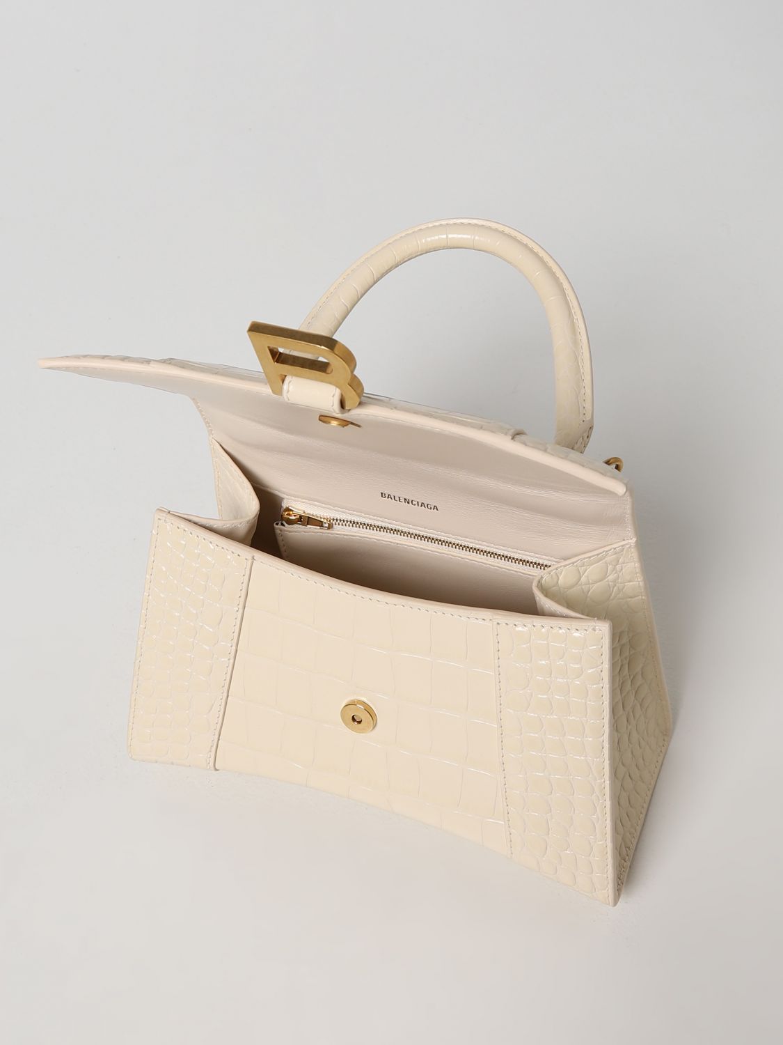 Handbag Balenciaga: Balenciaga Hourglass S crocodile print leather bag yellow cream 5