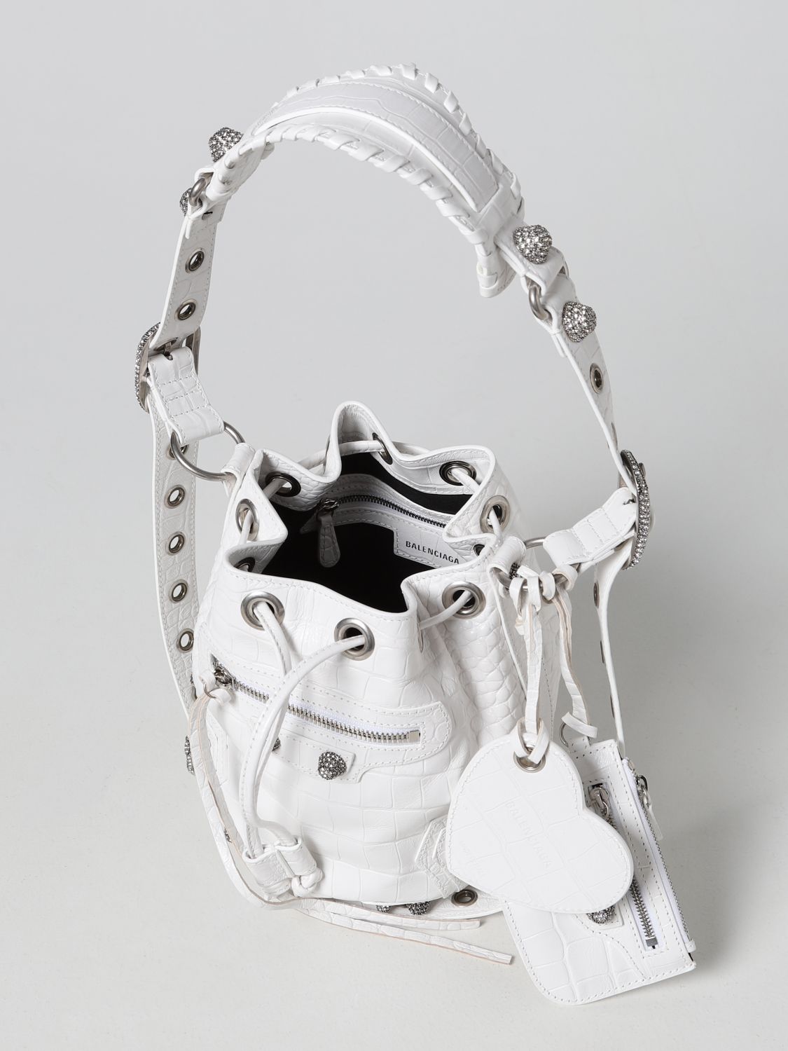 Mini bag Balenciaga: Balenciaga Le Cagole Bucket crocodile-print leather bag white 5