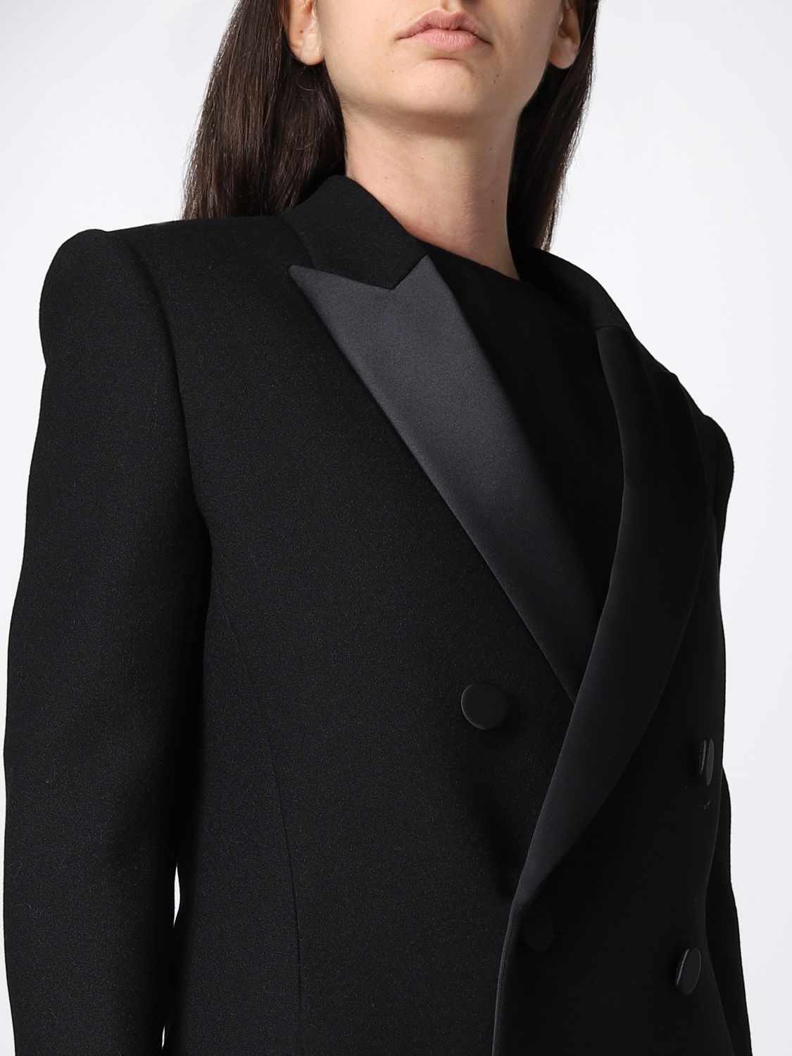 Damen Bekleidung Mäntel Saint Laurent Doppelreihiger Mantel Aus Wolle Mit Seidenbesatz in Schwarz 