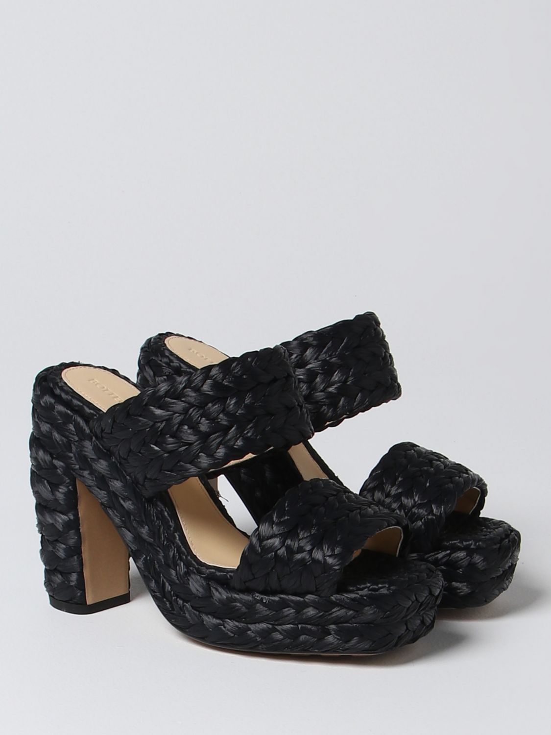 BOTTEGA VENETA: sandal in woven raffia - Black | Bottega Veneta heeled ...
