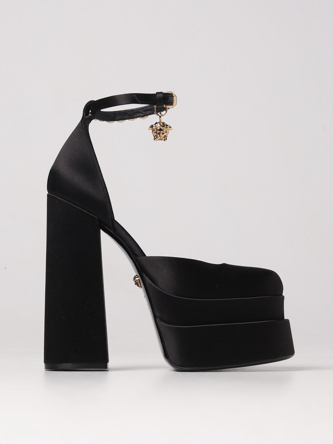 Shop Versace Medusa Aevitas  Satin Décolléte With Platform With Charm In Black
