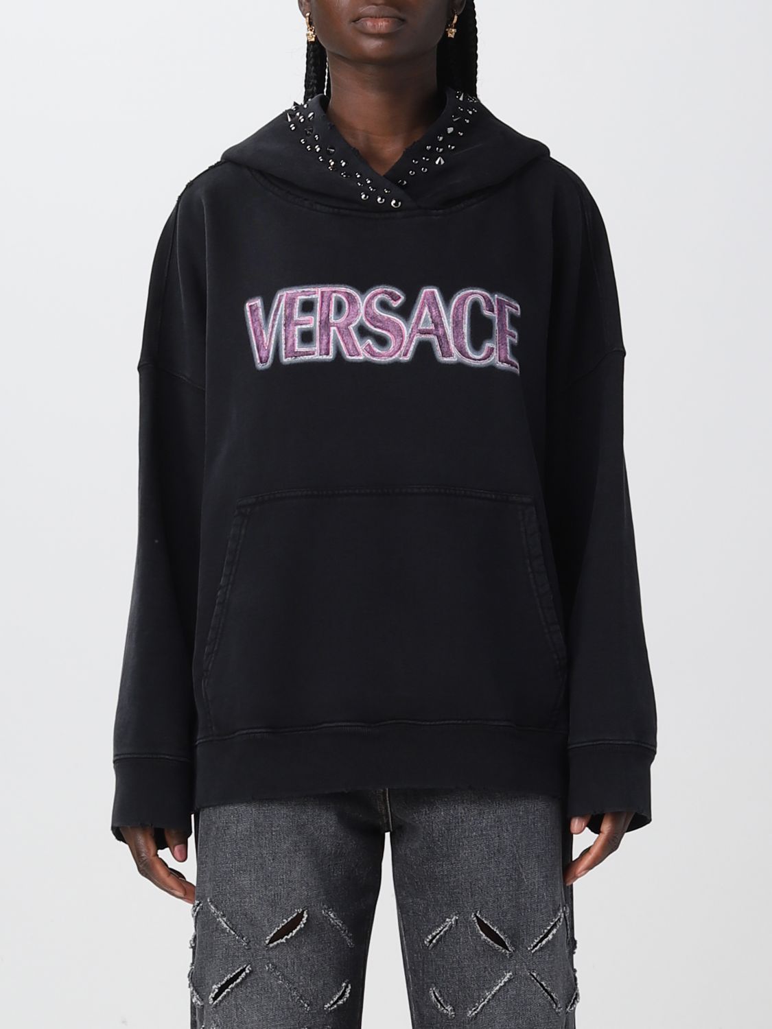 Shop Versace Sweatshirt In Cotton With Studs In Black