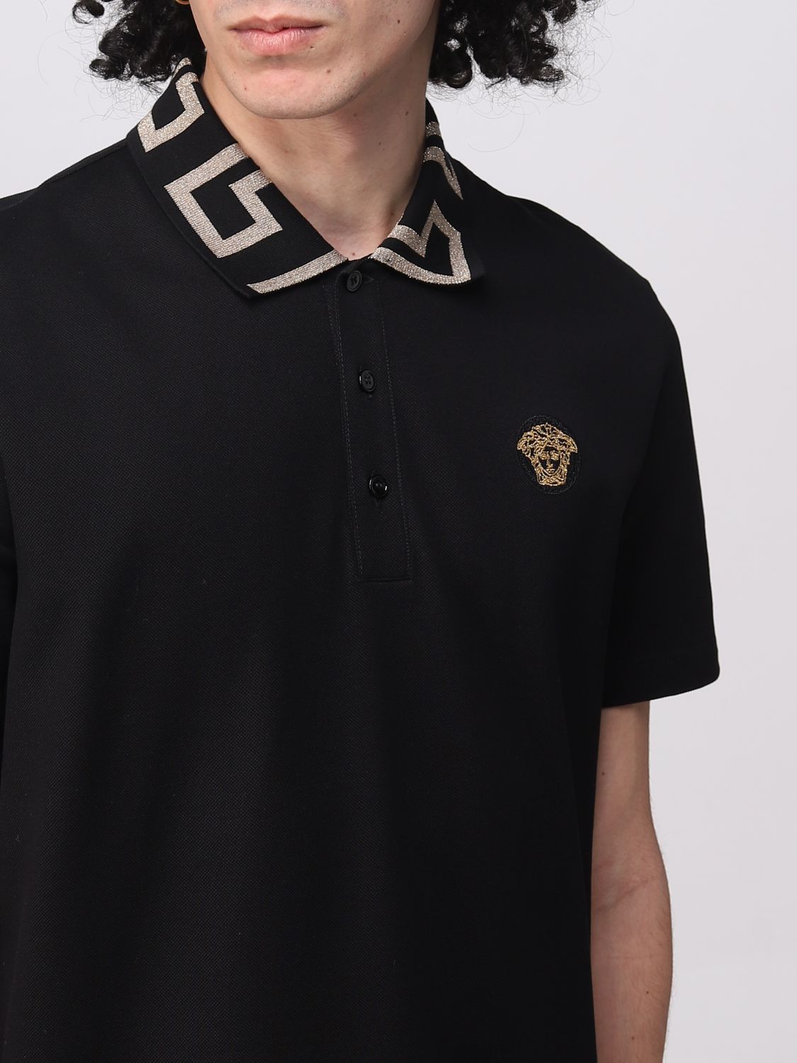 VERSACE: Greek Polo in cotton - Black | Versace polo shirt ...